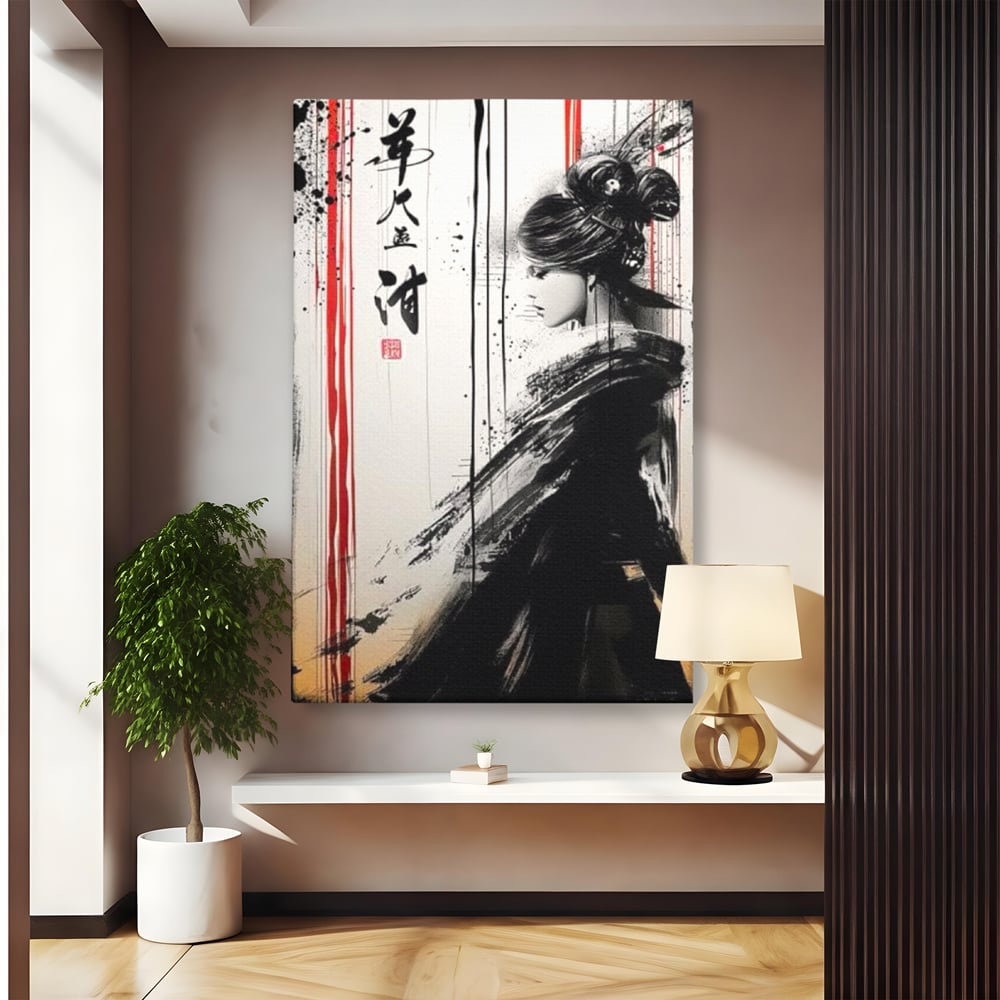Tablou canvas cu tablou vertical cu gheisa in tus, fara rama, pe sasiu de lemn